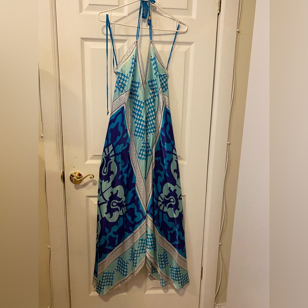 Long Flowing Silk Blue Summer Dress made from Vera Neumann designed material